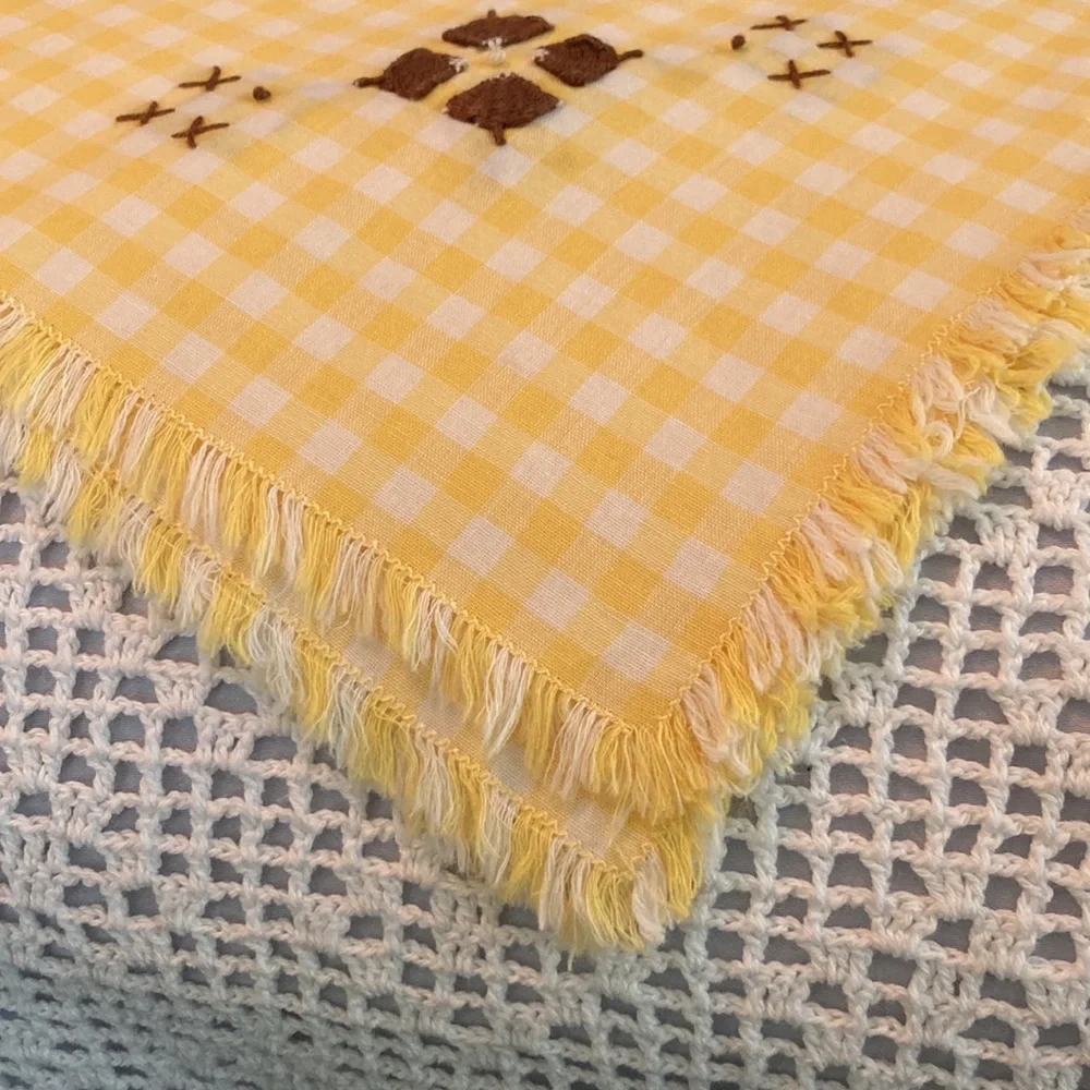 Vintage Hand Made Gingham Check TableCover.Hand Embroidery Cross Stitch. 34X34